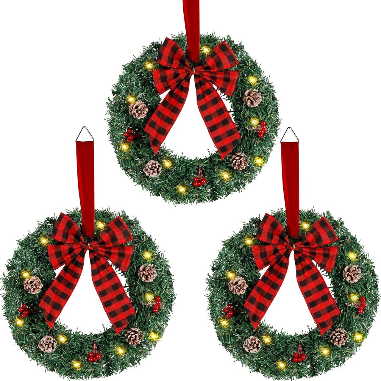 Lighted Christmas Front Door Wreath (Plaid Bow) 1"D x 13"W x 13"H